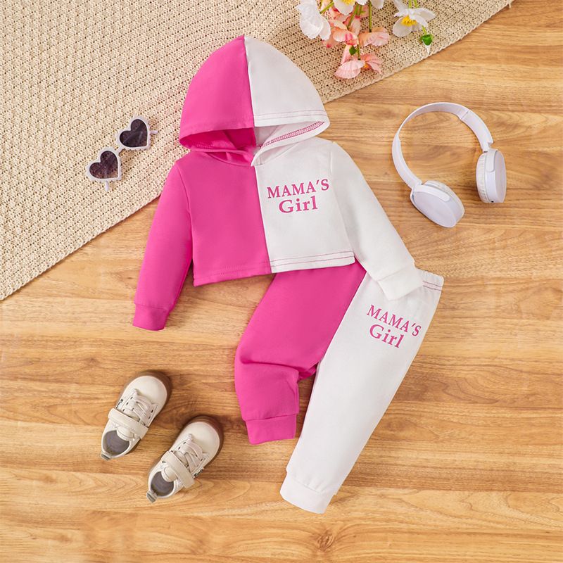 Autumn Girl's Color-Block Hoodie Tracksuit, Hooded Long-Sleeve Top with Printed Casual Pants, Kids' Casual Two-Piece Set