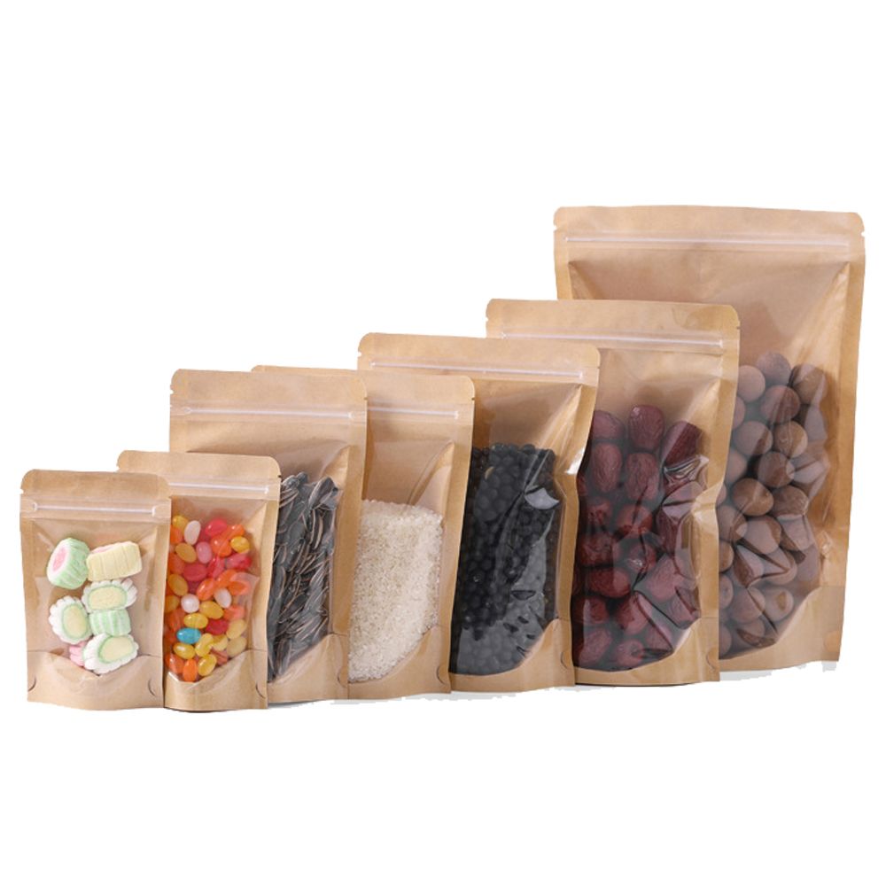 Custom kraft pouch stand up reusable tea snacks nuts dried pouch with window stand up pouch bags