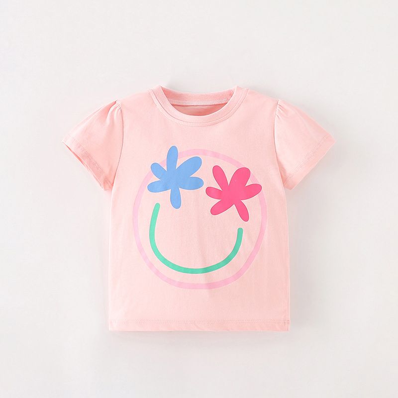 Summer Girls' Short-Sleeve Cute Smiley Face Print T-Shirt, Pink Adorable Cartoon Graphic Cotton Top for Girls