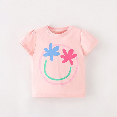 Summer Girls' Short-Sleeve Cute Smiley Face Print T-Shirt, Pink Adorable Cartoon Graphic Cotton Top for Girls