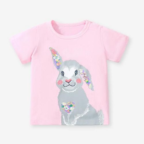 Summer Girls' Short-Sleeve T-Shirt with Cute Bunny Print Cartoon Pink Top Casual Soft and Comfortable Kidswear