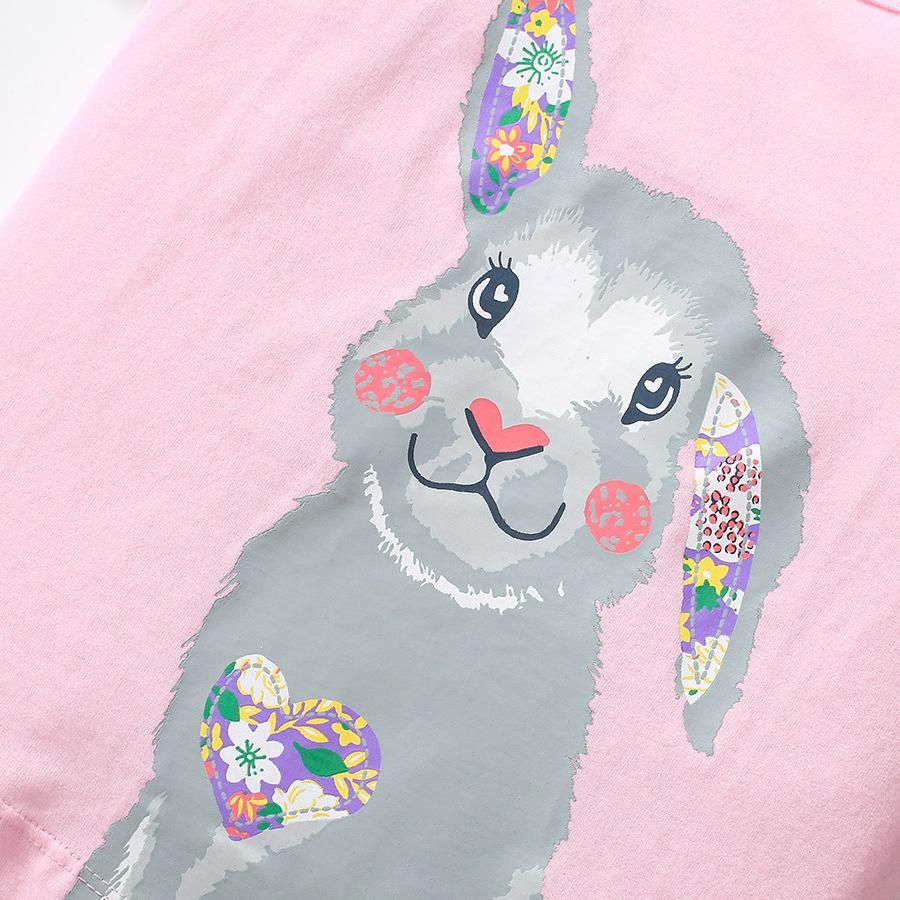 Summer Girls' Short-Sleeve T-Shirt with Cute Bunny Print Cartoon Pink Top Casual Soft and Comfortable Kidswear