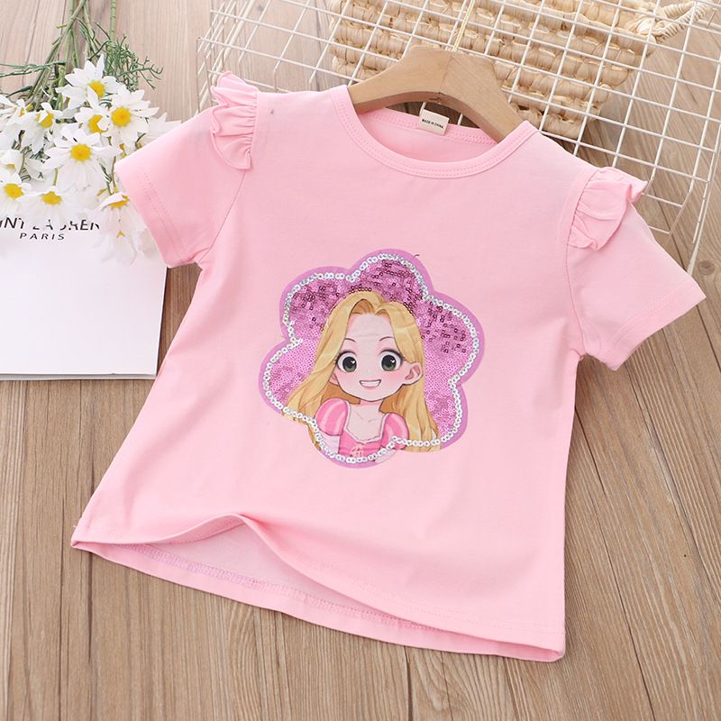 Summer Kids' Princess Print Short-Sleeve T-Shirt Girls' Cute Cartoon Fashionable Versatile Top