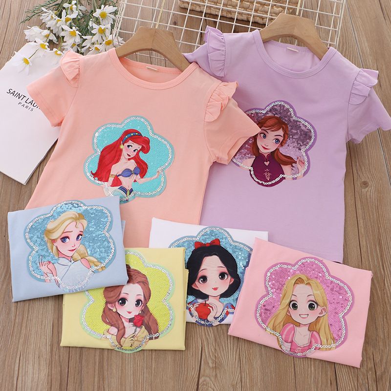 Summer Kids' Princess Print Short-Sleeve T-Shirt Girls' Cute Cartoon Fashionable Versatile Top