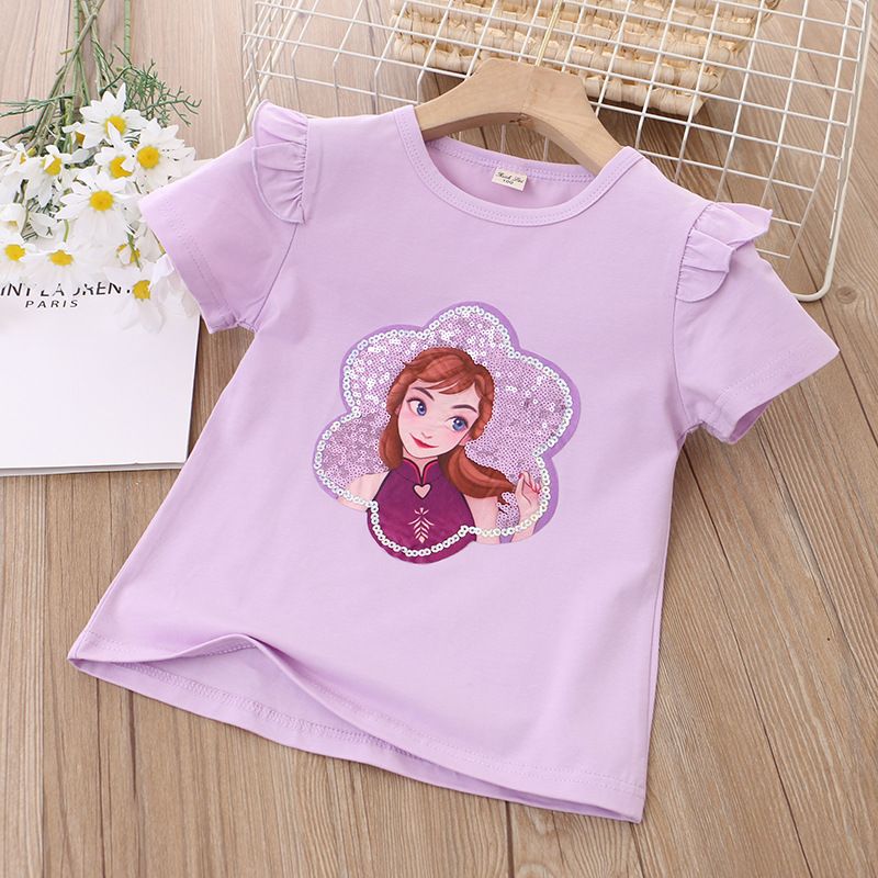 Summer Kids' Princess Print Short-Sleeve T-Shirt Girls' Cute Cartoon Fashionable Versatile Top