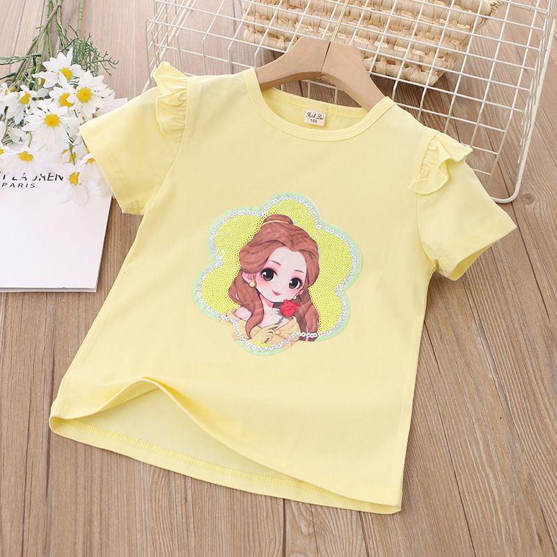 Summer Kids' Princess Print Short-Sleeve T-Shirt Girls' Cute Cartoon Fashionable Versatile Top