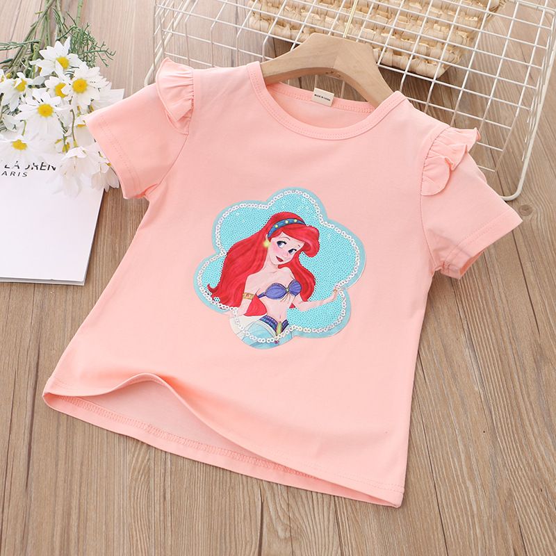 Summer Kids' Princess Print Short-Sleeve T-Shirt Girls' Cute Cartoon Fashionable Versatile Top