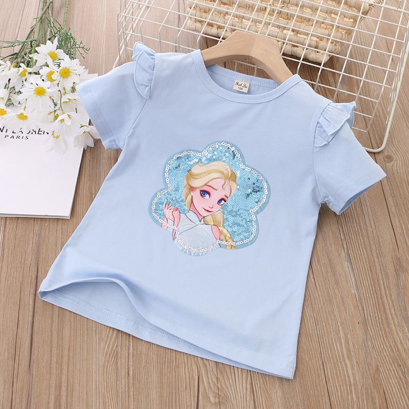 Summer Kids' Princess Print Short-Sleeve T-Shirt Girls' Cute Cartoon Fashionable Versatile Top