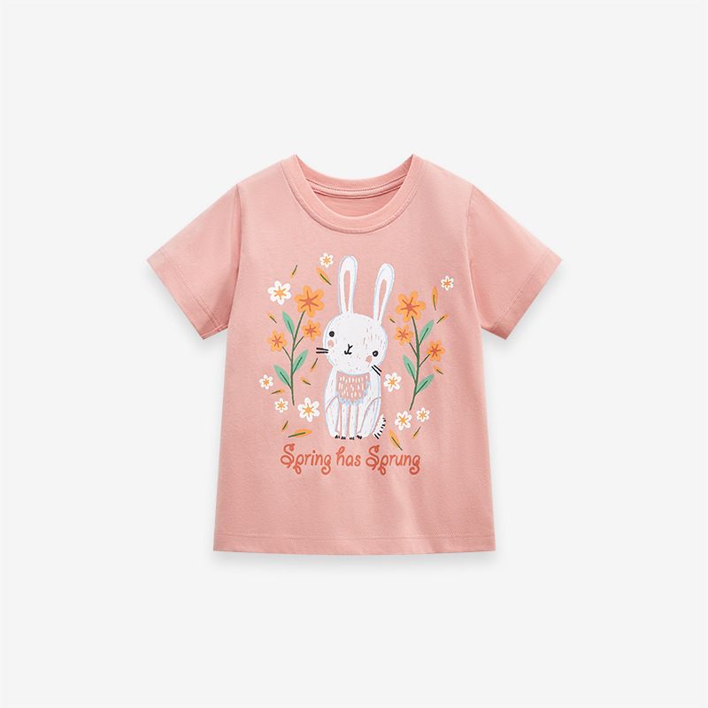 Spring Kids' Bunny Print Short-Sleeve T-Shirt Girls' Cute Floral Design Fashionable Comfortable Cartoon Top