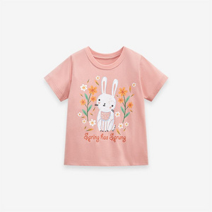 Spring Kids' Bunny Print Short-Sleeve T-Shirt Girls' Cute Floral Design Fashionable Comfortable Cartoon Top