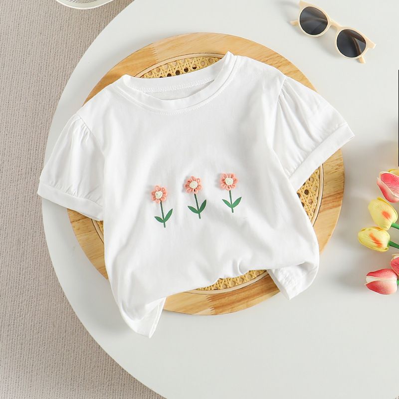 Summer Girls' Short-Sleeve Floral Embellished T-Shirt Cute Simple Casual Kidswear Top