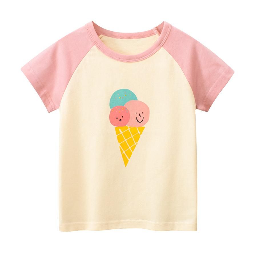 Summer Kids' Ice Cream Print Short-Sleeve T-Shirt Cute, Comfortable Cartoon Color-Block Design Casual Top