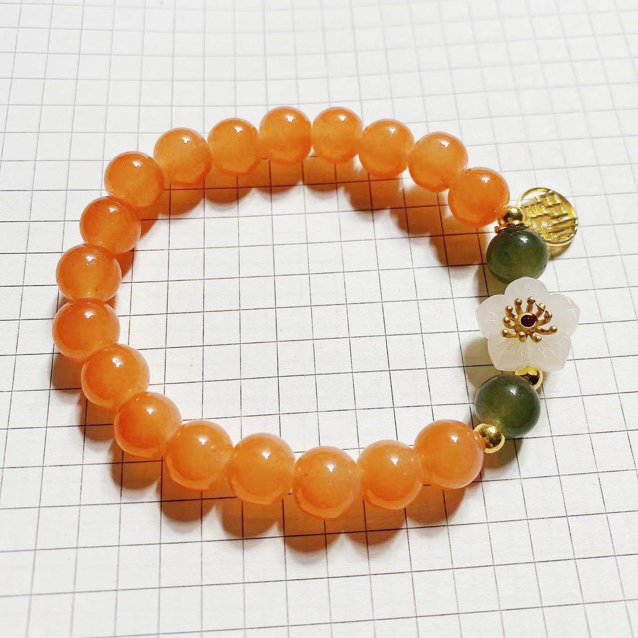 Orange white jade flower metal blessing brand beaded jade bracelet beckoning fortune nafu accessories bracelet men's women's