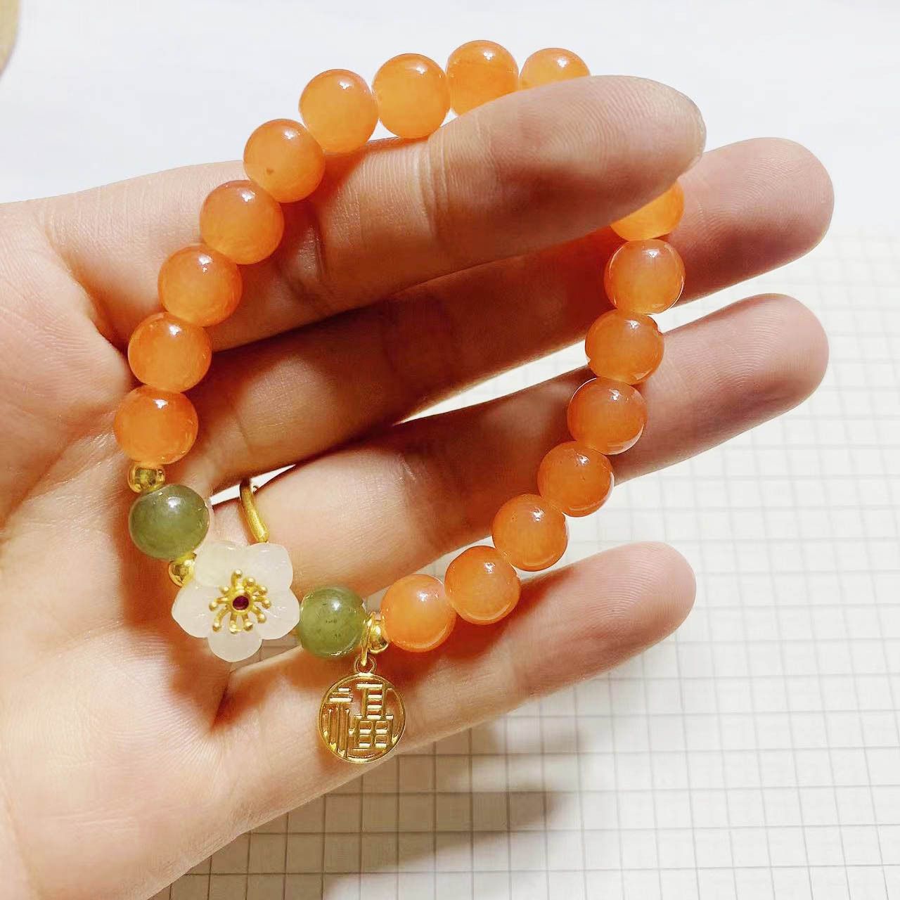 Orange white jade flower metal blessing brand beaded jade bracelet beckoning fortune nafu accessories bracelet men's women's