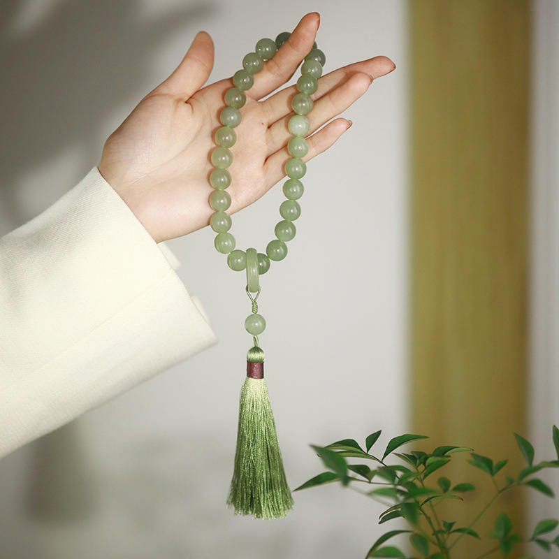 1pc imitation jade meditation hand twisted beads, tassel hand around the finger soft, prayer hand beads