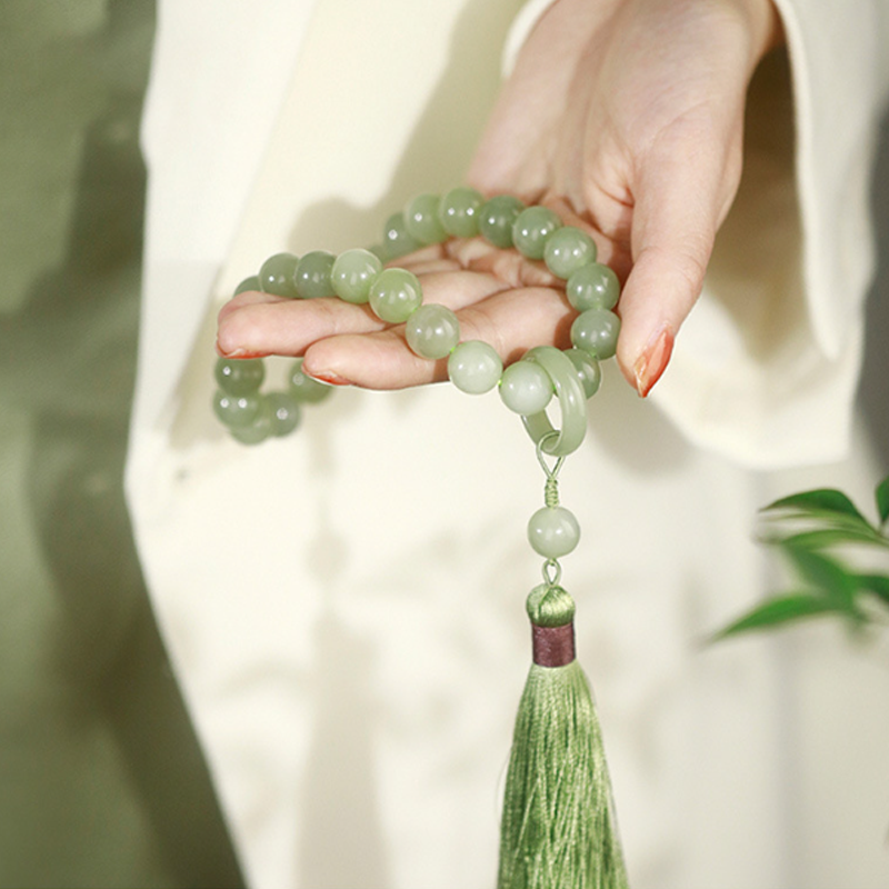 1pc imitation jade meditation hand twisted beads, tassel hand around the finger soft, prayer hand beads