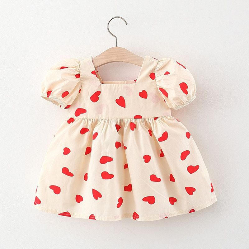 Summer Girls' Cute Sweet Heart Print Dress with Puff Sleeves, Short-Sleeve Princess Dress, Loose and Versatile