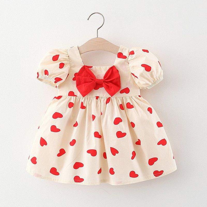 Summer Girls' Cute Sweet Heart Print Dress with Puff Sleeves, Short-Sleeve Princess Dress, Loose and Versatile