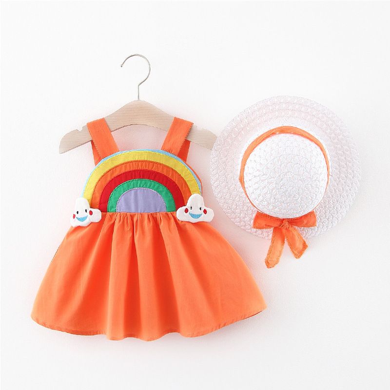 Summer Girls' Sleeveless Long Dress with Rainbow Straps, Cute Cloud Decorated Sundress, Casual Beach Outfit