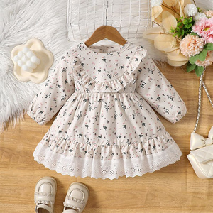 Autumn Girls' Long-Sleeve Dress with Floral Print, Sweet Princess Dress, Pastoral Style, Versatile Lace-Trimmed Doll Dress