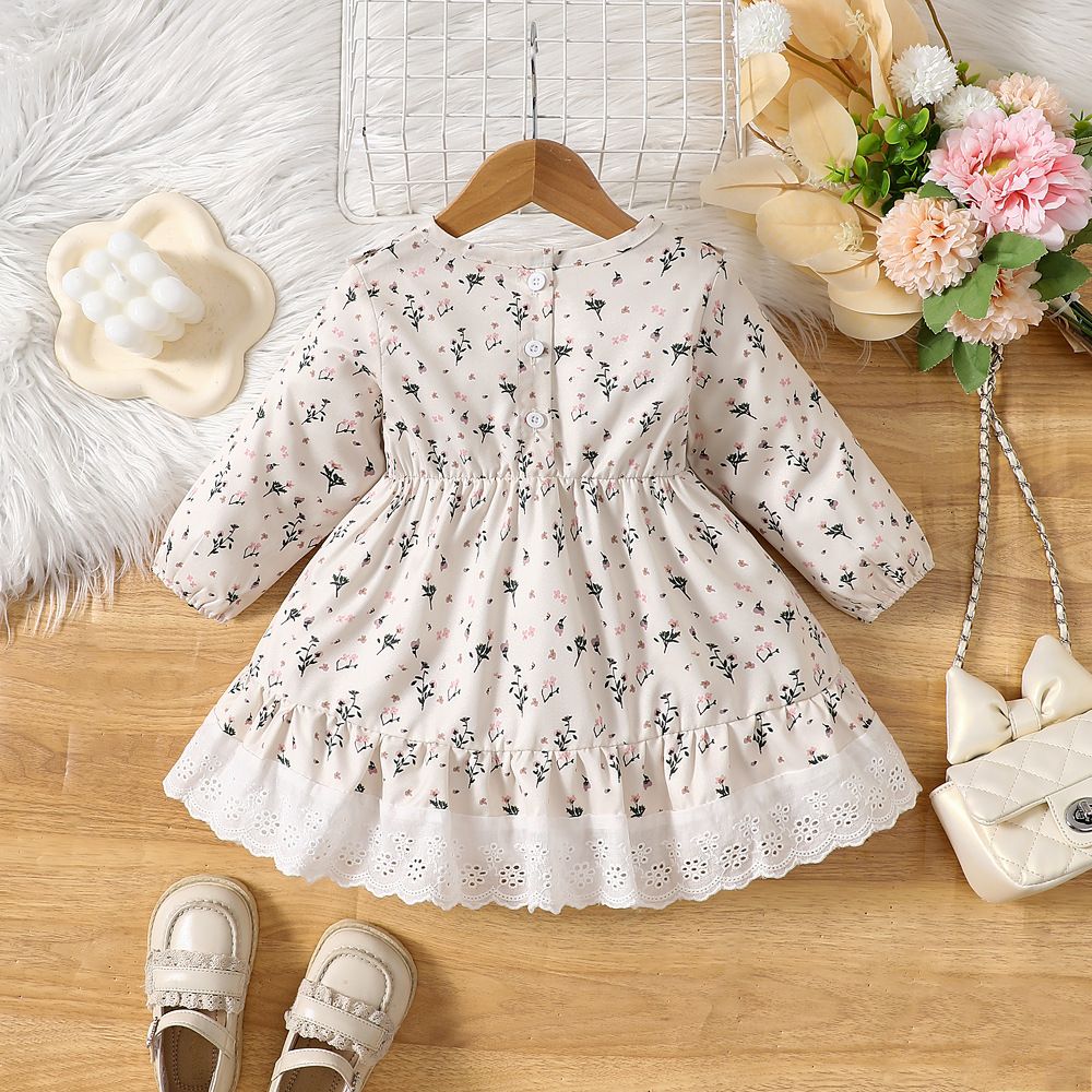 Autumn Girls' Long-Sleeve Dress with Floral Print, Sweet Princess Dress, Pastoral Style, Versatile Lace-Trimmed Doll Dress