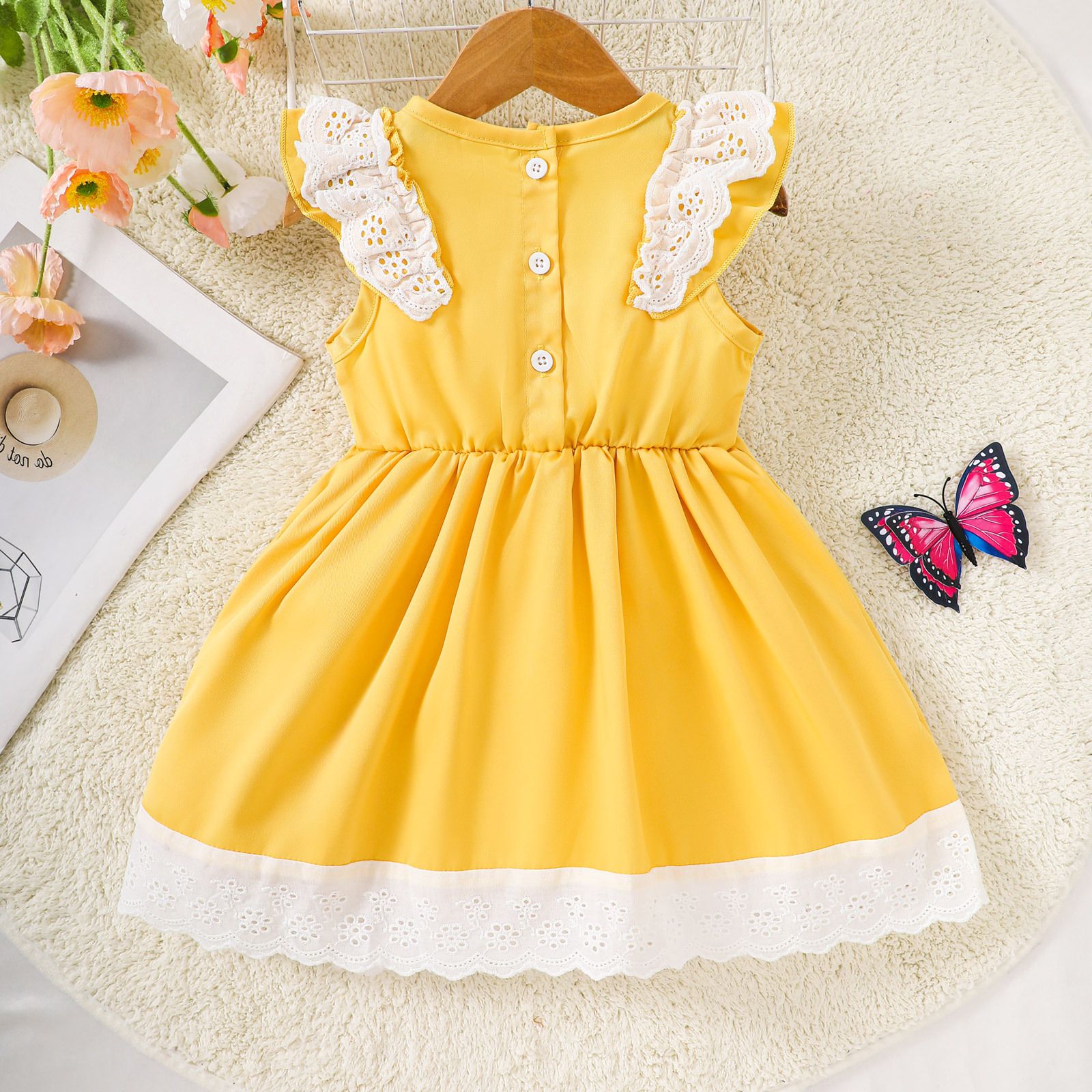 Summer Girls' Sleeveless Dress with Lace Trim, Solid Color Long Dress, Bow Princess Dress, Sweet and Versatile Doll Dress