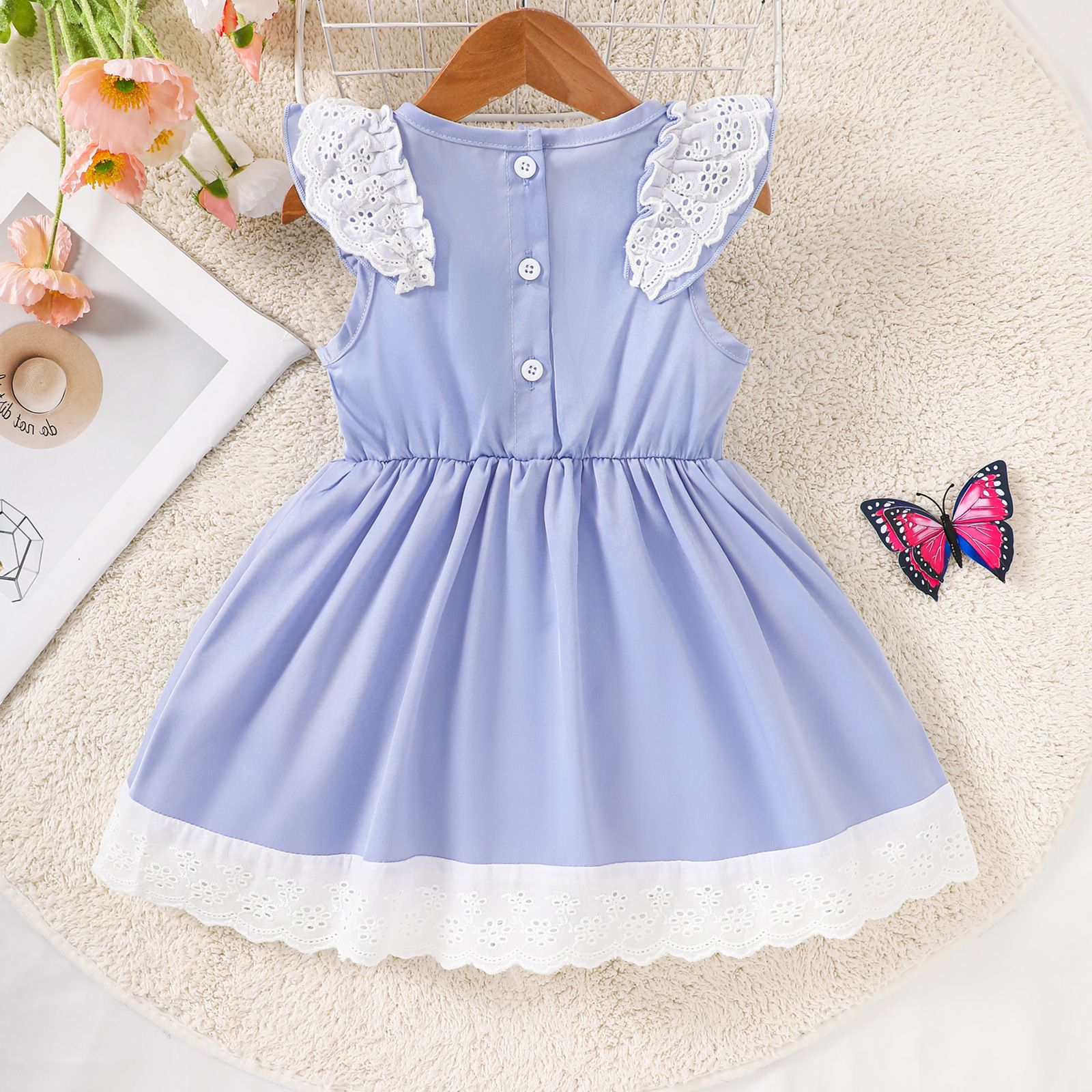 Summer Girls' Sleeveless Dress with Lace Trim, Solid Color Long Dress, Bow Princess Dress, Sweet and Versatile Doll Dress