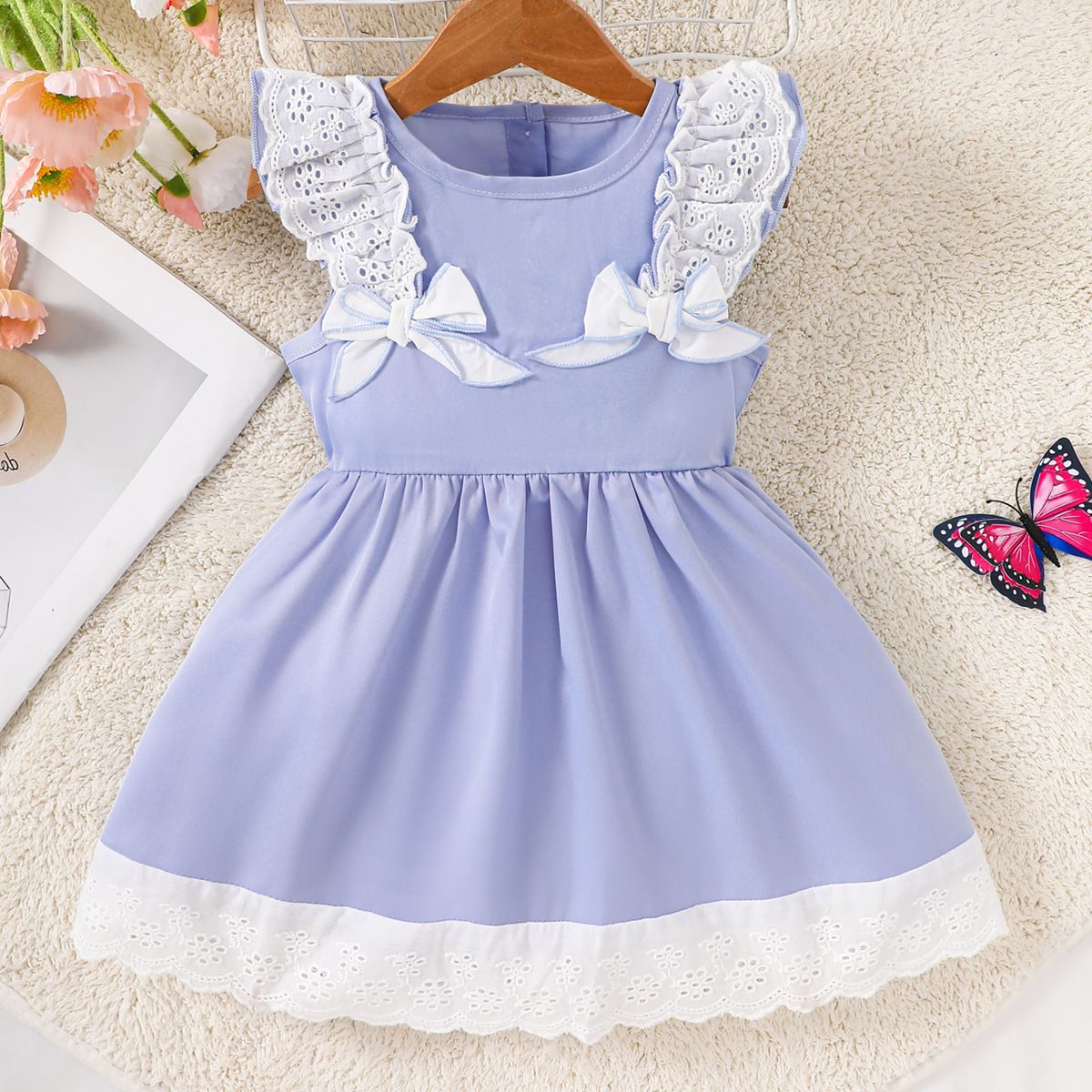 Summer Girls' Sleeveless Dress with Lace Trim, Solid Color Long Dress, Bow Princess Dress, Sweet and Versatile Doll Dress