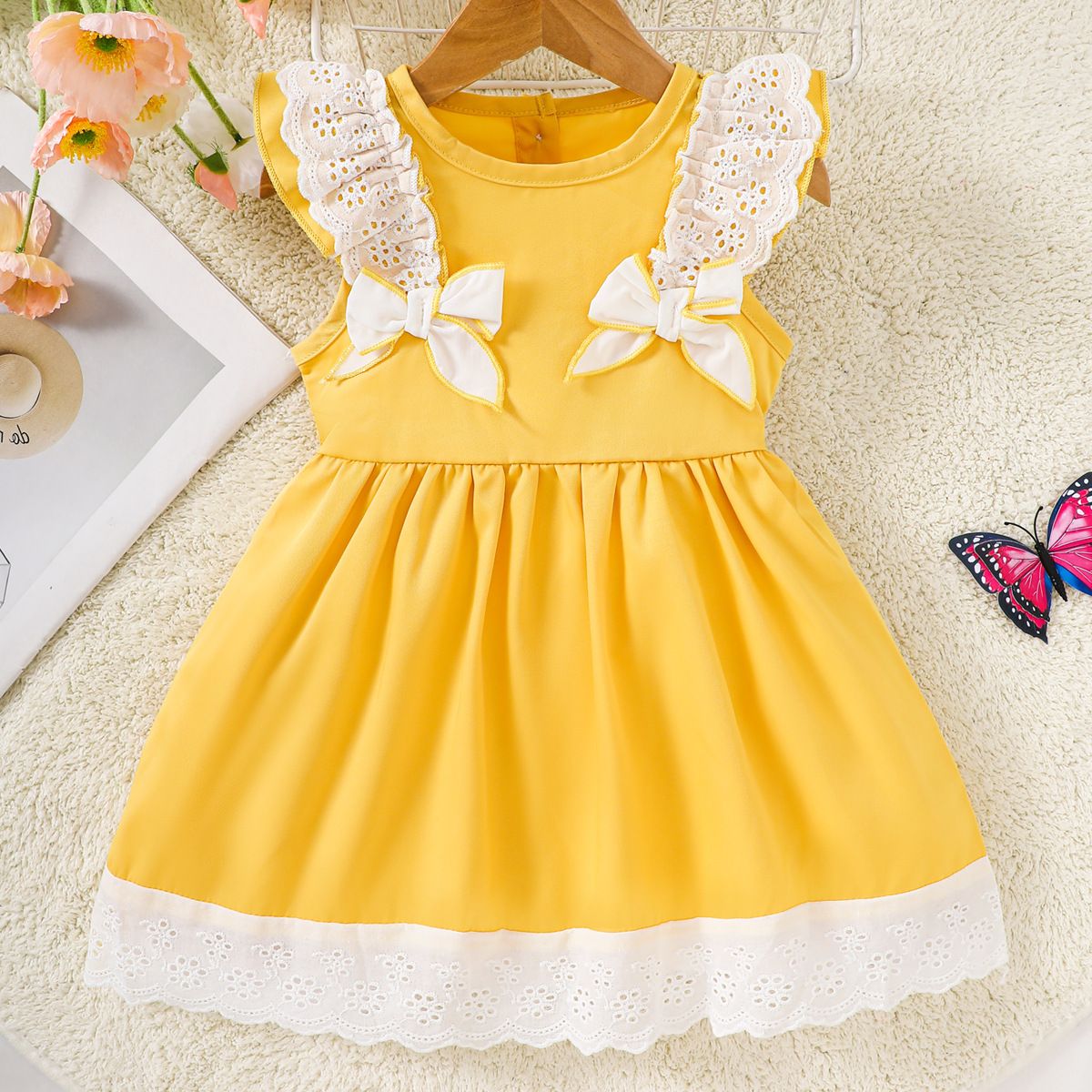 Summer Girls' Sleeveless Dress with Lace Trim, Solid Color Long Dress, Bow Princess Dress, Sweet and Versatile Doll Dress