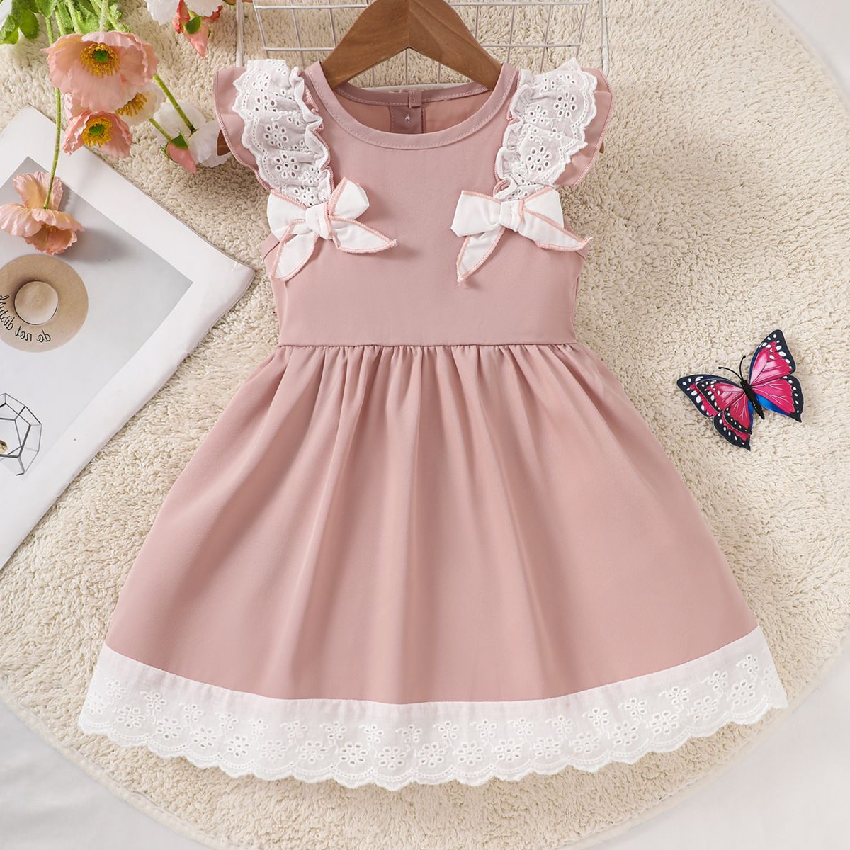 Summer Girls' Sleeveless Dress with Lace Trim, Solid Color Long Dress, Bow Princess Dress, Sweet and Versatile Doll Dress