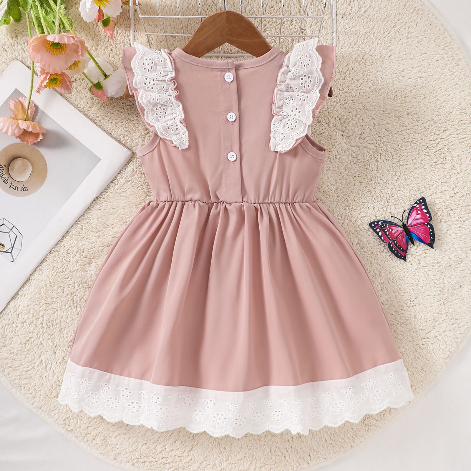 Summer Girls' Sleeveless Dress with Lace Trim, Solid Color Long Dress, Bow Princess Dress, Sweet and Versatile Doll Dress