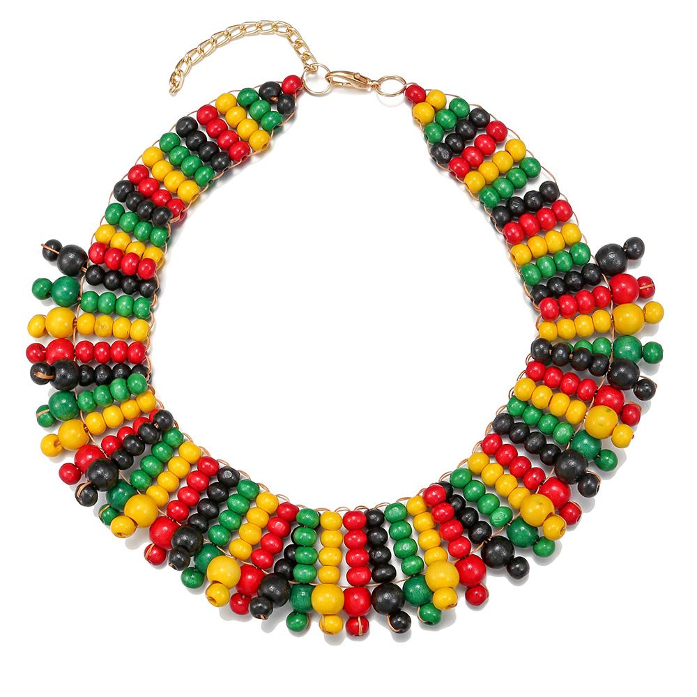 African style wooden bead handmade necklace multi-layered woven colorful beaded necklace