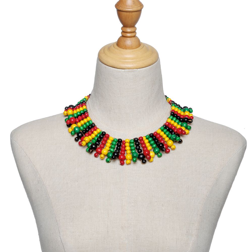 African style wooden bead handmade necklace multi-layered woven colorful beaded necklace