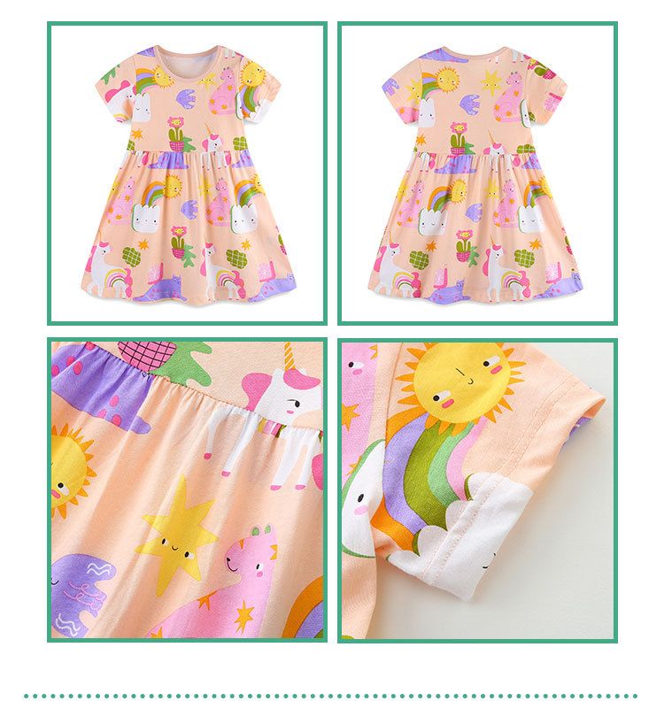 Summer Girls' Short-Sleeve Dress Cartoon Print Casual Cute A-Line Dress for Daily Wear