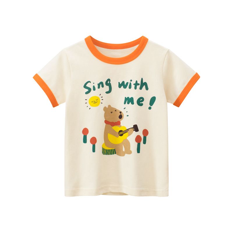 Summer Girls' Clothing Cartoon Print Short-Sleeve T-Shirt Simple Cute Fashion Bear Pattern Girls' Casual Top