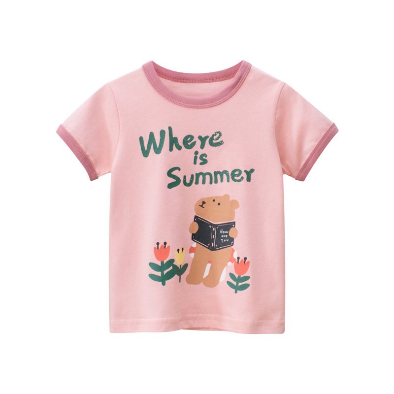 Summer Girls' Clothing Cartoon Print Short-Sleeve T-Shirt Simple Cute Fashion Bear Pattern Girls' Casual Top