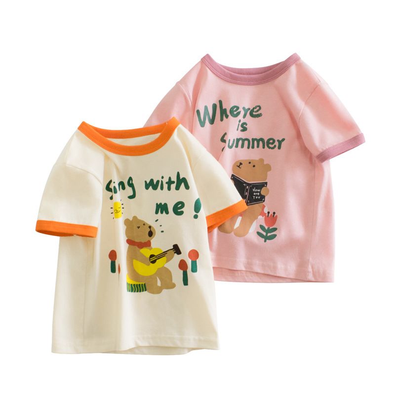 Summer Girls' Clothing Cartoon Print Short-Sleeve T-Shirt Simple Cute Fashion Bear Pattern Girls' Casual Top