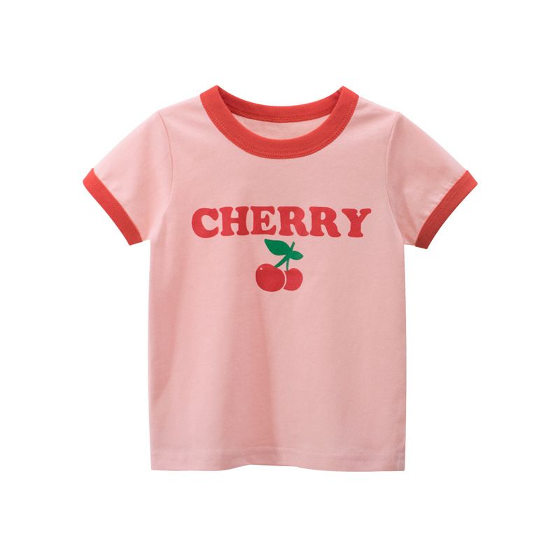 Summer Girls' Short-Sleeve Top Cherry Print Simple Pink Cute Fashion Casual T-Shirt