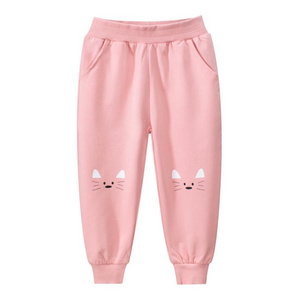 Spring and Autumn Girls' Long Pants with Cute Cat Print - Pink Casual Children's Elastic Waist Sweatpants