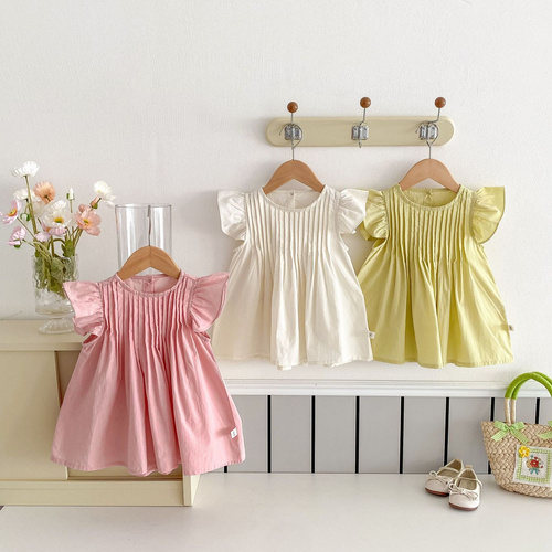 Summer Girls' Pleated Dress, Children's Cotton Short-Sleeve Puff Dress, Princess Style, Cute and Stylish