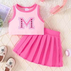 Summer Girls' Letter "M" Sleeveless Tank Top and High-Waist Pleated Skirt Set, Cool Casual Kids' Fashion Sports Outfit