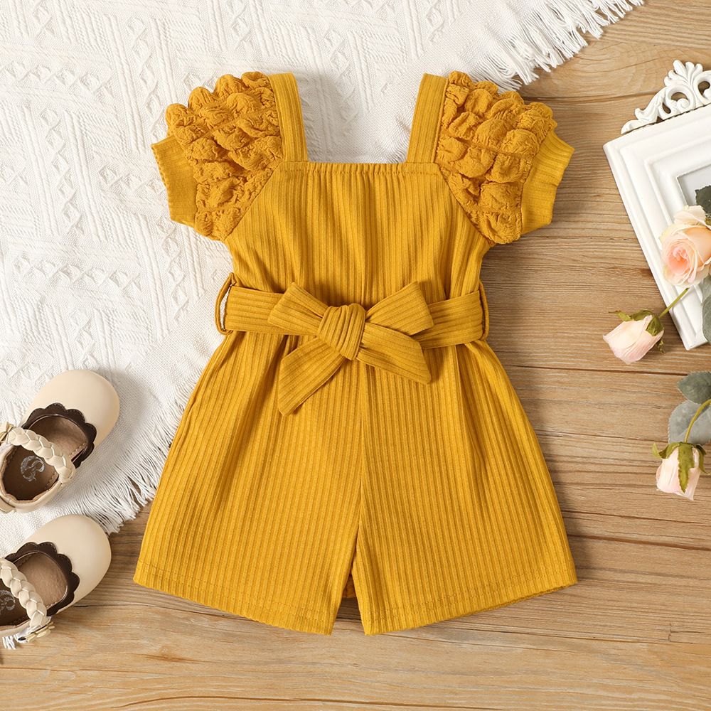 Summer Girls' Short-Sleeve Romper, Cute and Sweet, Soft Striped Fabric, Casual Daily Wear, Stylish Yellow and White Jumpsuit