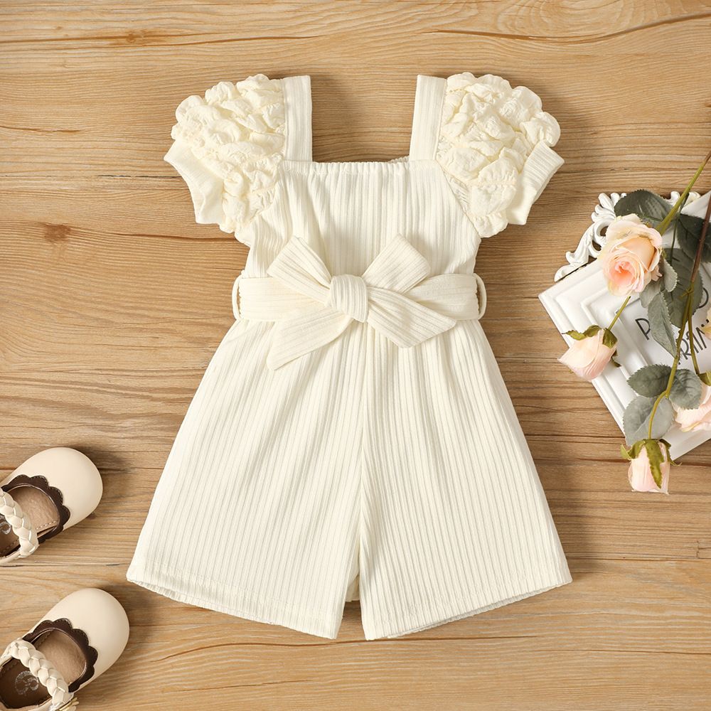 Summer Girls' Short-Sleeve Romper, Cute and Sweet, Soft Striped Fabric, Casual Daily Wear, Stylish Yellow and White Jumpsuit