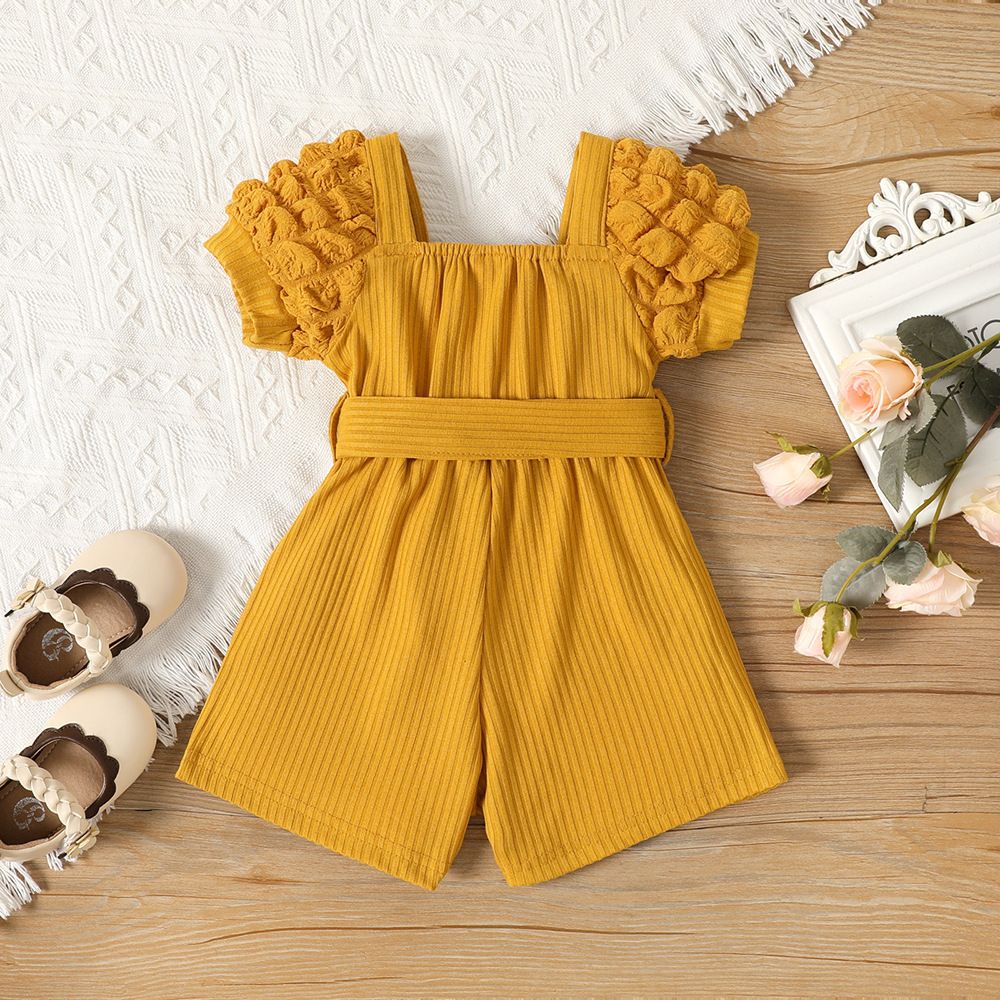 Summer Girls' Short-Sleeve Romper, Cute and Sweet, Soft Striped Fabric, Casual Daily Wear, Stylish Yellow and White Jumpsuit