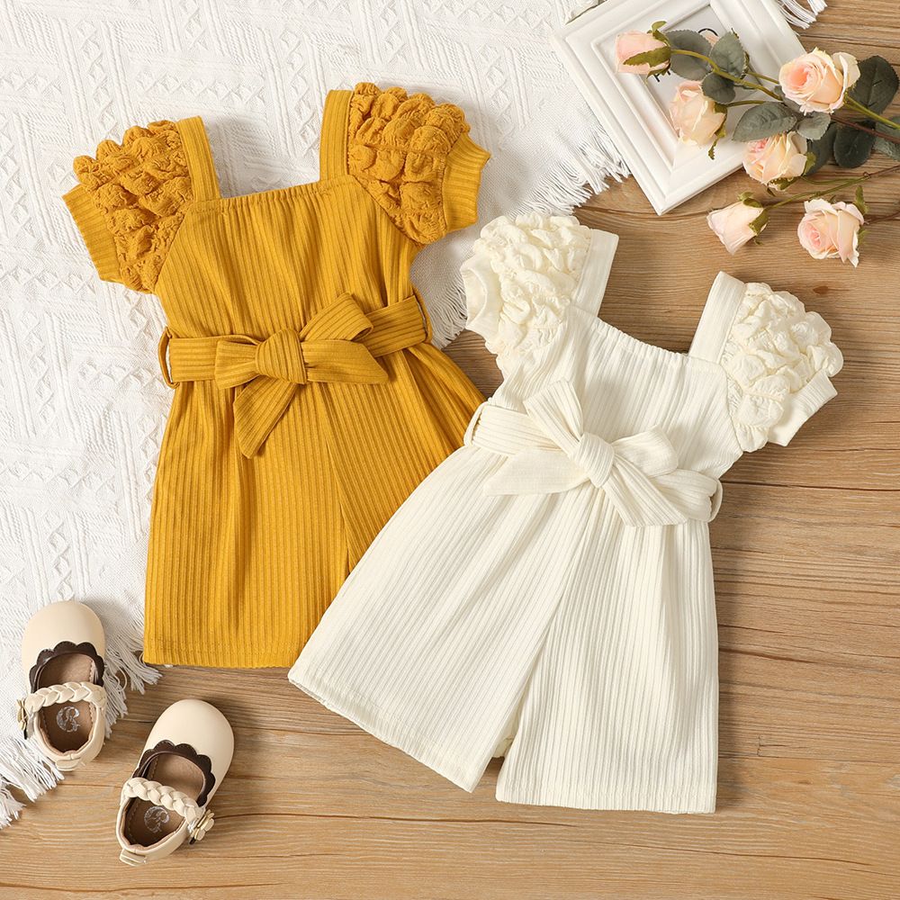 Summer Girls' Short-Sleeve Romper, Cute and Sweet, Soft Striped Fabric, Casual Daily Wear, Stylish Yellow and White Jumpsuit