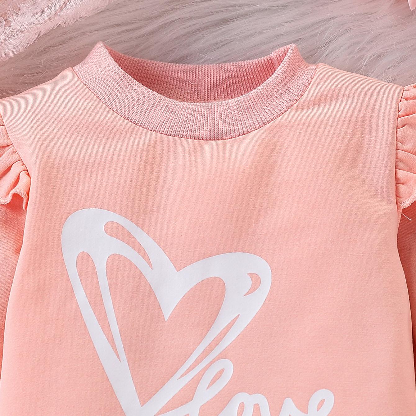 Girls' Autumn/Winter Heart Set, Long-Sleeve Sweatshirt with Heart Print Pants, Sweet Ruffle Design