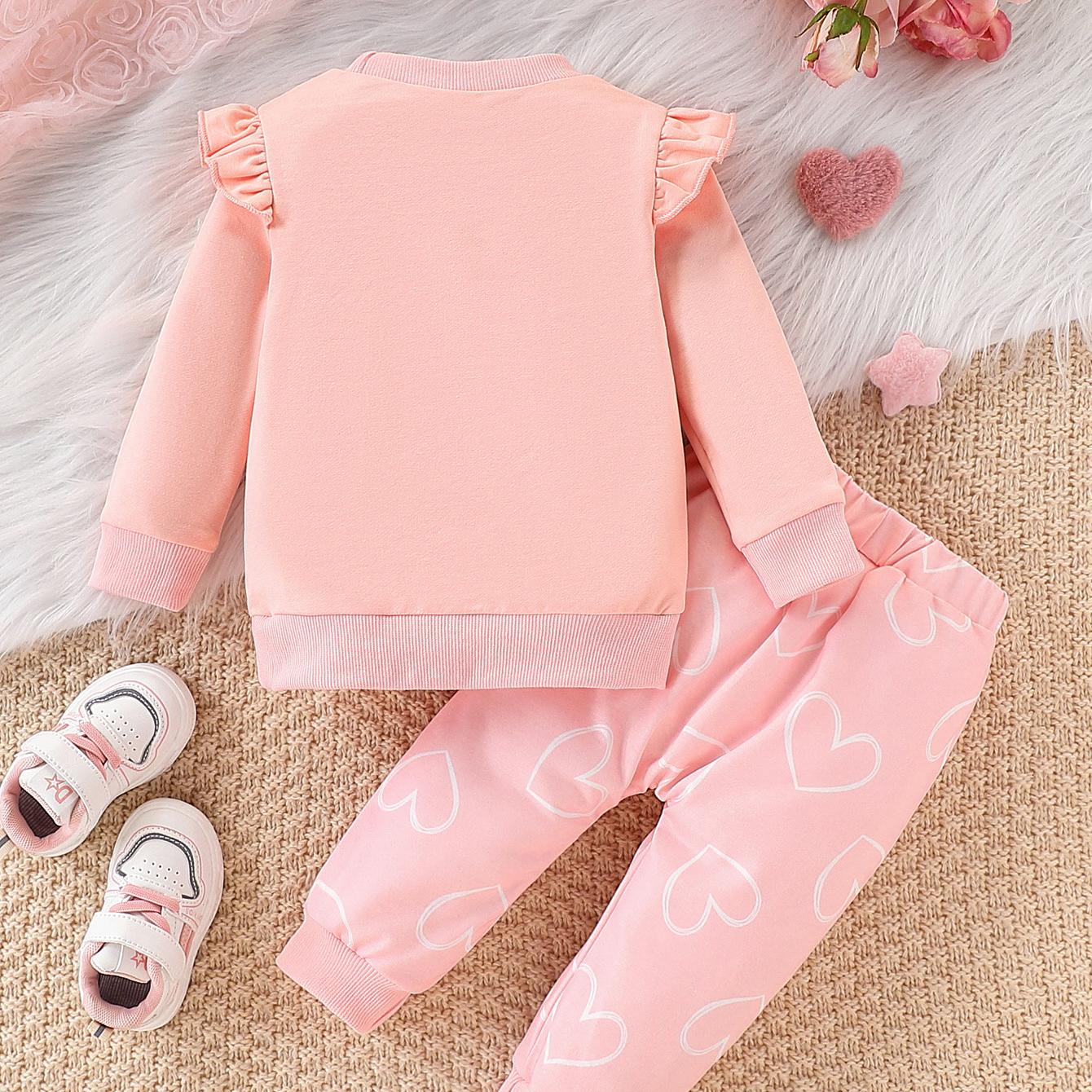 Girls' Autumn/Winter Heart Set, Long-Sleeve Sweatshirt with Heart Print Pants, Sweet Ruffle Design