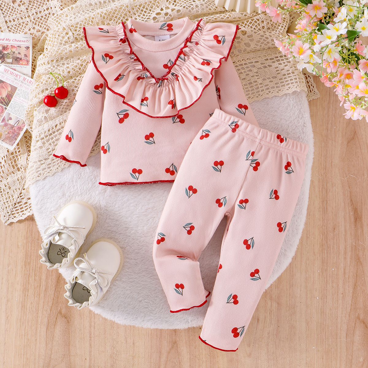 Autumn Girls' Cherry Print Long-Sleeve Top and Pants Set, Warm and Sweet Ruffle Design, Baby Casual Outfit