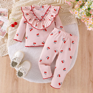 Autumn Girls' Cherry Print Long-Sleeve Top and Pants Set, Warm and Sweet Ruffle Design, Baby Casual Outfit