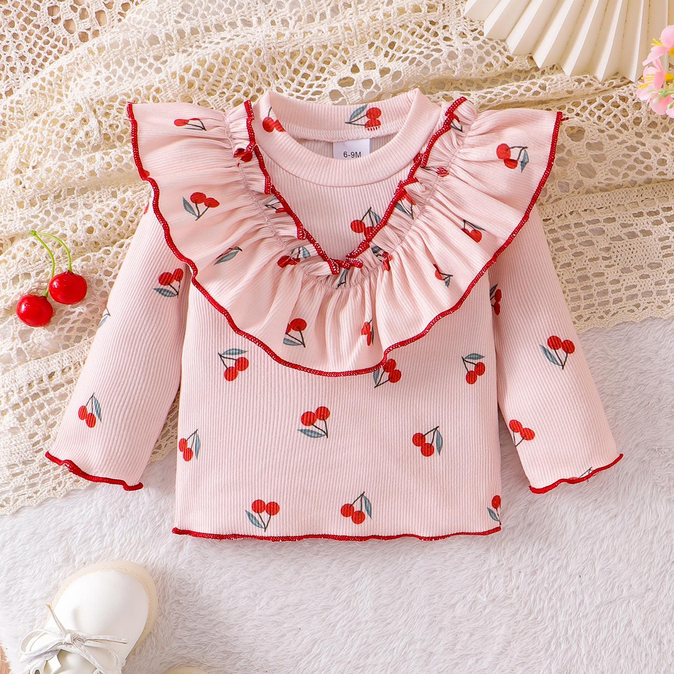 Autumn Girls' Cherry Print Long-Sleeve Top and Pants Set, Warm and Sweet Ruffle Design, Baby Casual Outfit